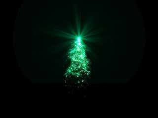 Wall Mural - christmas tree with green lights, snowflakes and star on black background.