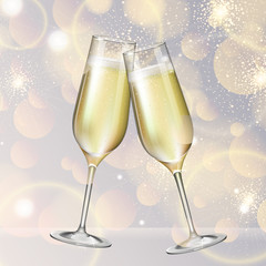 Wall Mural - Realistic vector illustration of champagne glass on blurred holiday silver sparkle background