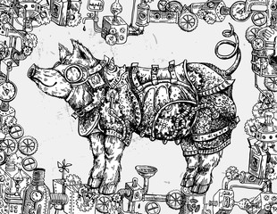 Hand drawn vector illustration steampunk pig. Sketch style drawi