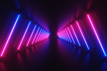 futuristic sci-fi abstract blue and purple neon light shapes on black background with empty space fo