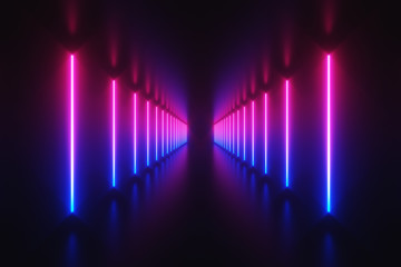 Wall Mural - futuristic sci-fi abstract blue and purple neon light shapes on black background with empty space fo