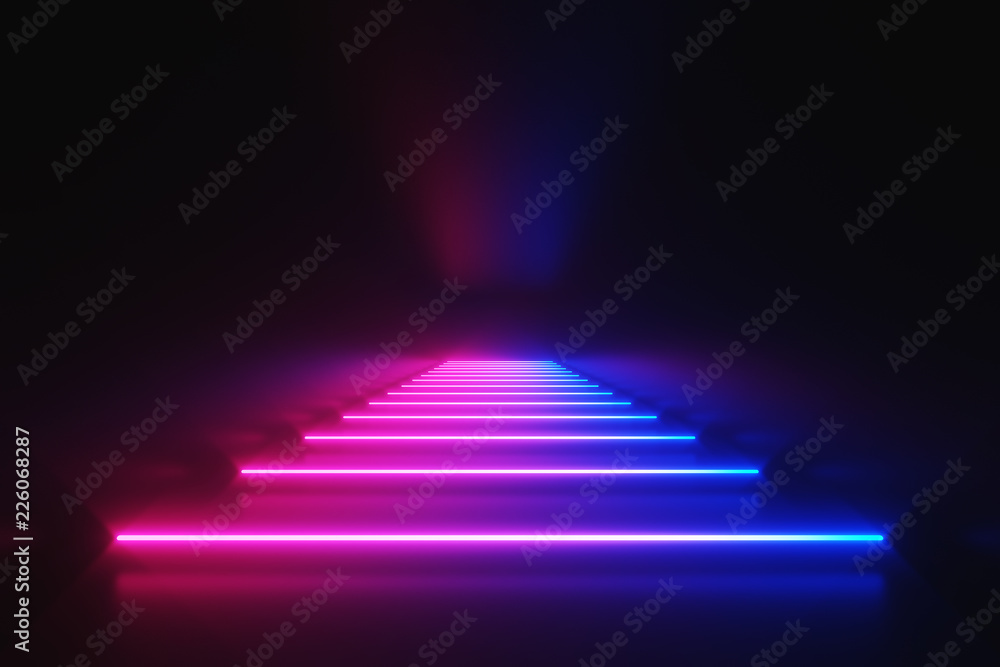 Futuristic Sci-Fi Abstract Blue And Purple Neon Light Shapes On Black Background With Empty Space For Text 3D Rendering Illustration - obrazy, fototapety, plakaty 