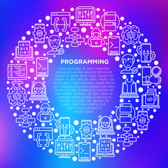 Wall Mural - programming concept in circle with thin line icons: developer, code, algorithm, technical support, p