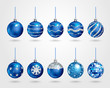 Set of realistic blue Christmas balls with different patterns of silver sequins. Vector illustration 