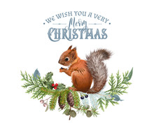 Vector Christmas Banner With Branches And Squirrel