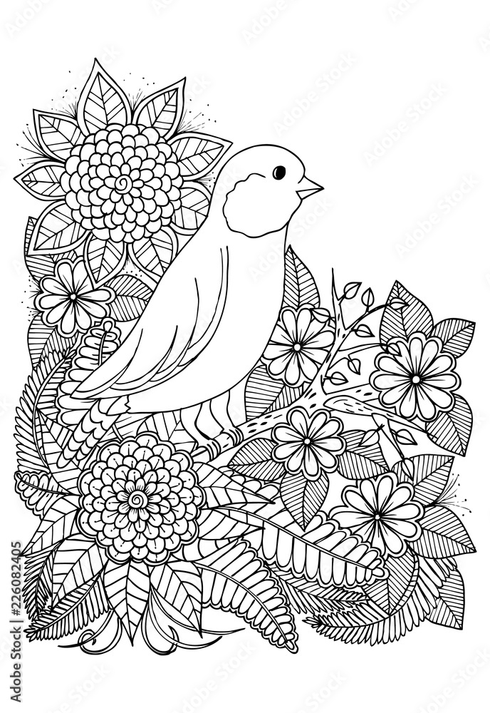 Outline vector drawing of flowers and bird for adult coloring books ...