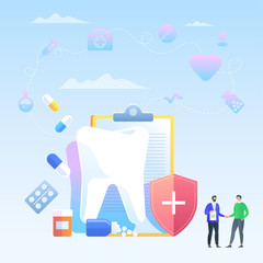 Dental insurance, dental care concept. Dental insurance form, tooth, flat design