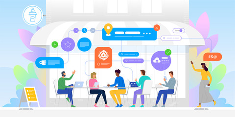 Networking concept. Group of friends in cafe. Community and internet concept