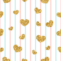 Wall Mural - gold heart seamless pattern. pink-blue-white geometric stripes, golden confetti-hearts. symbol of lo