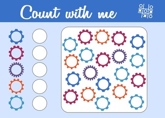 Counting game for preschool children. Educational a mathematical game. Count how many cogwheels and write the result