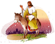 Jesus Christ Riding A Donkey And Blessing