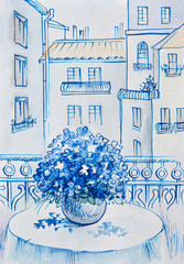 watercolor, landscape- flowers on the architecture background