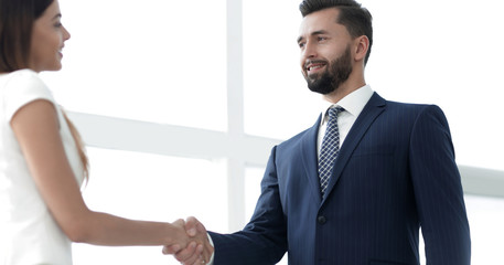 Image of business partners handshaking in office