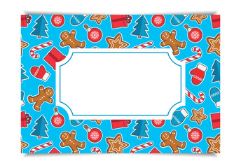 Wall Mural - Merry Christmas card on pattern with gingerbread man, candy, gift, ball, Christmas tree, gloves on blue background. Perfect for greeting card, wrapping paper etc. Vector illustration