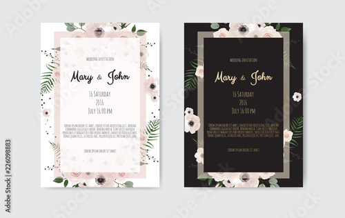 Botanical wedding invitation card template design, white and pink flowers. Ve...