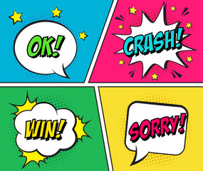 Wall Mural - retro comic speech bubbles set on colorful background. expression text ok, crash, win, sorry. vector