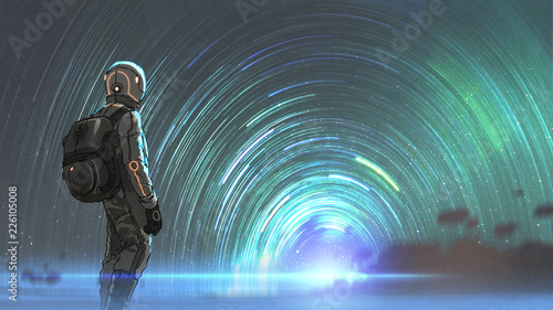 Fotografía science fiction scene of the astronaut standing in front of starry tunnel entran