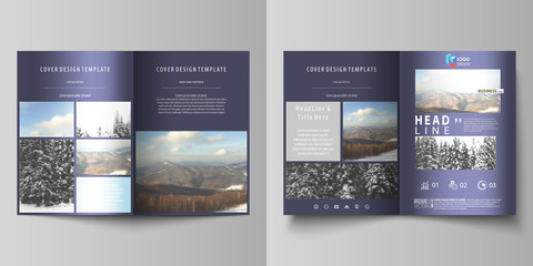 Business templates for bi fold brochure, flyer, booklet, report. Cover design template, vector layout in A4 size. Abstract landscape of nature. Dark color pattern in vintage style, mosaic texture.