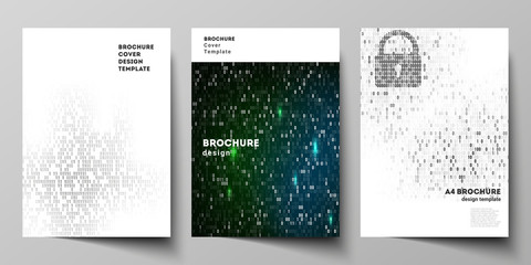 Vector layout of A4 format cover mockups design templates for brochure, magazine, flyer, booklet, report. Binary code background. AI, big data, coding or hacker concept, digital technology background