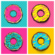 Set Doughnut Sweet Food, Donut Cartoon Pop Art Style. Vector Colored Illustration Halftone Pattern. Vintage Retro Design. Collection Comic Book Bakery Glazed Crumpet Poster.