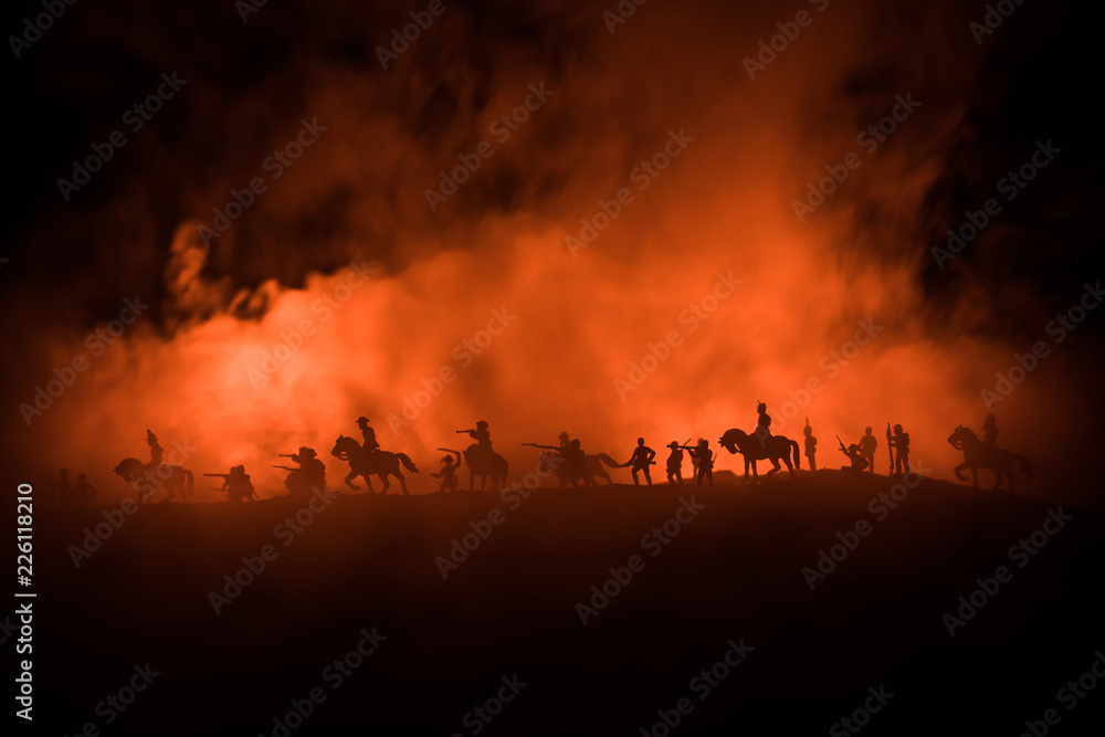 American Civil War Concept. Military silhouettes fighting scene on war fog sky background. Attack scene. - obrazy, fototapety, plakaty 