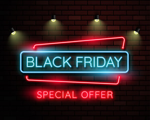 Sticker - Black friday neon light banner.used for shop, online shop, promotion and advertising. vector illustration.