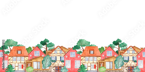 Watercolor Seamless Border With Sweet Cute Houses And Trees