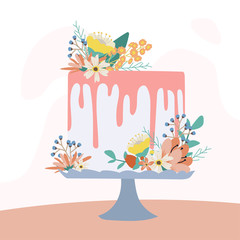Wedding cake, birthday cake design with flower, vector illustration.