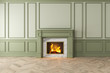 Modern classic green interior with fireplace, wall panels, wooden floor. 3d render illustration mock up
