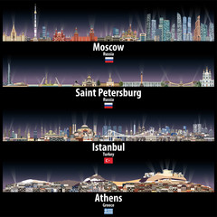 Moscow, Saint Petersburg, Istanbul and Athens skylines at night with bright city lights. Vector illustrations