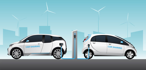 Two carsharing electric car with charging station. Vector illustration EPS 10