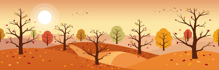 Wall Mural - Autumn countryside landscape. Landscapes of mountains with trees and falling yellow, red foliage. Horizontal panoramic autumn landscape.