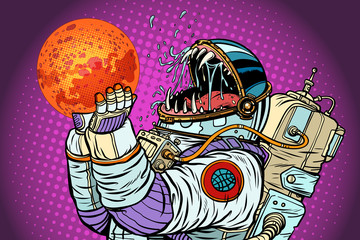Wall Mural - astronaut monster eats mars. greed and hunger of mankind concept