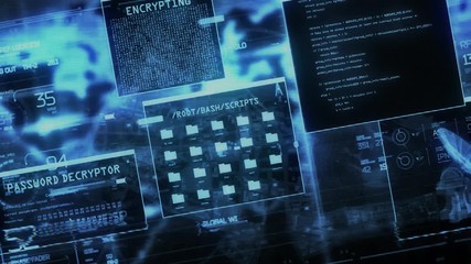 Wall Mural - retro hacker screen with distortion glitch fx. password and data decryption. blue version - 4k