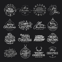 Merry Christmas And Happy New Year Typography Set. Vector Vintage Illustration.