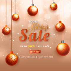 Wall Mural - Biggest Holidays Sale Banner with 50% Cashback Decorated with Hanging Baubles on Shiny Background.