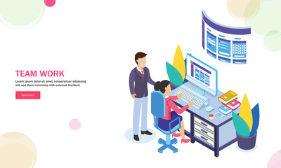 Canvas Print - Business people analysis data together on desktop, isometric design for Teamwork concept.