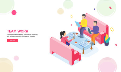 Sticker - Responsive web template design, miniature business people in a meeting room, isometric design for Teamwork concept.