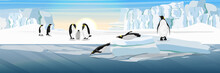 A Flock Of Realistic Imperial Penguins. Two Penguins Dive From The Ice Floe Into The Water. The Glacier And The Snow-covered Plains And The Cold Blue Sea. Landscapes Of The Antarctic.