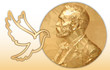 Nobel Peace award, gold polygonal medal and dove symbol