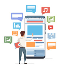 Big smartphone with mobile app and near standing man. Mobile application icon. Flat vector illustration on white background