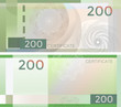 Voucher template banknote 200 with guilloche pattern watermarks and border. Green background banknote, gift voucher, coupon, diploma, money design, currency, note, check, cheque, reward. certificate