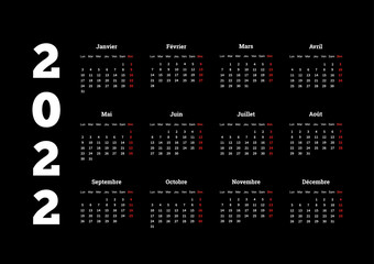 2022 year simple calendar on french language on dark background