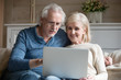 © fizkes - Retired couple using laptop together sitting on sofa, smiling senior middle aged man and woman read internet news talking shopping online at home, elderly family customers with computer lifestyle