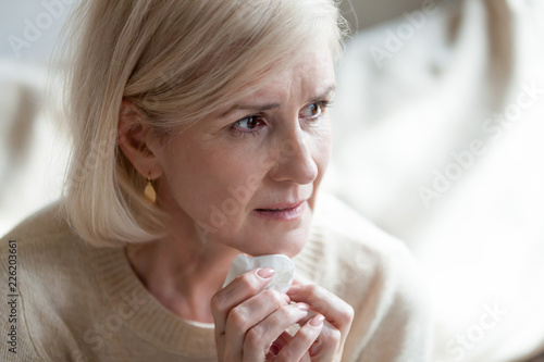 Sad Frustrated Mature Old Woman In Tears Feeling Blue Thinking Of