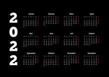 2022 Year Simple Calendar On German Language On Dark Background