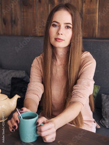 Lifestyle Portrait Of Beautiful Cute Blonde Woman With Long Hair