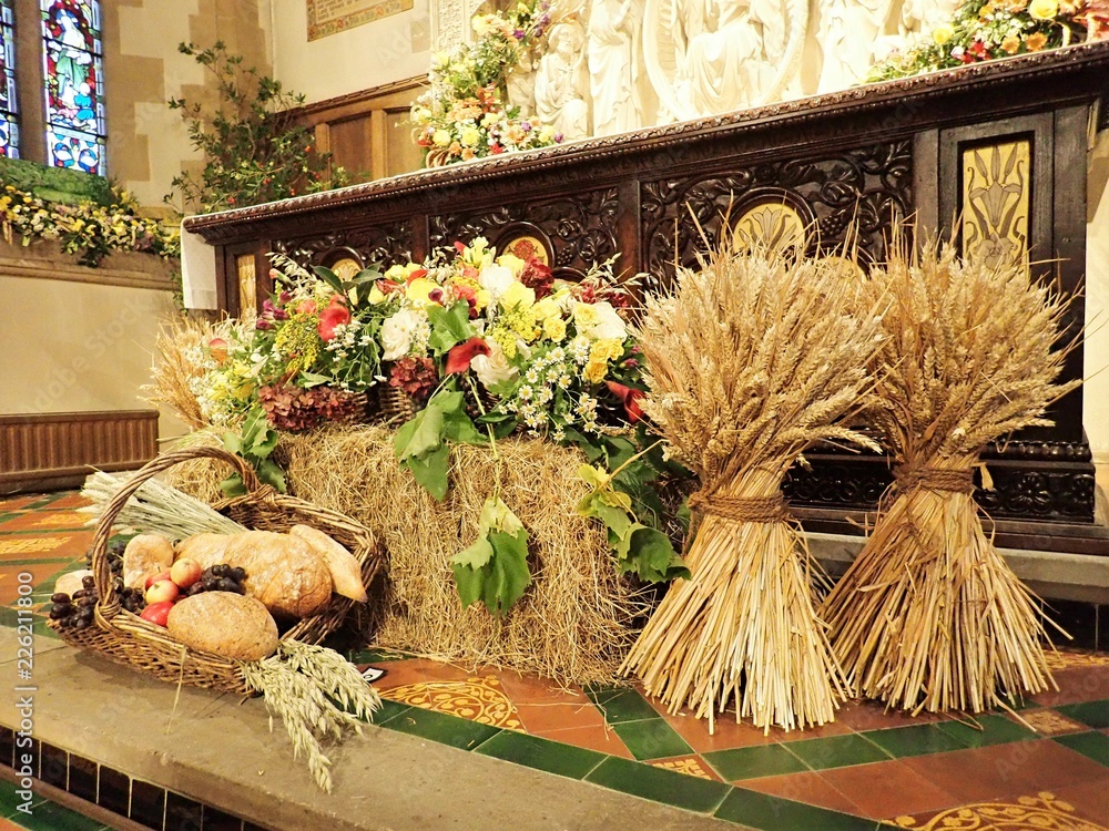Traditional harvest festival altar in English Anglican church Stock Photo | Adobe Stock