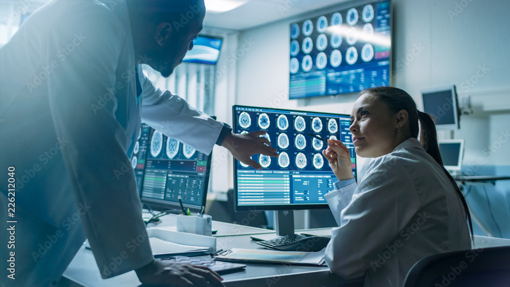 Two Scientists in the Brain Research Laboratory work on a Project ...