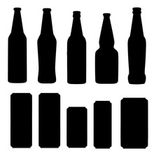 Black Silhouette. Collection Of Beer Cans And Bottles. Template Flat Icon. Alcoholic Drink. Illustration Isolated On White Background